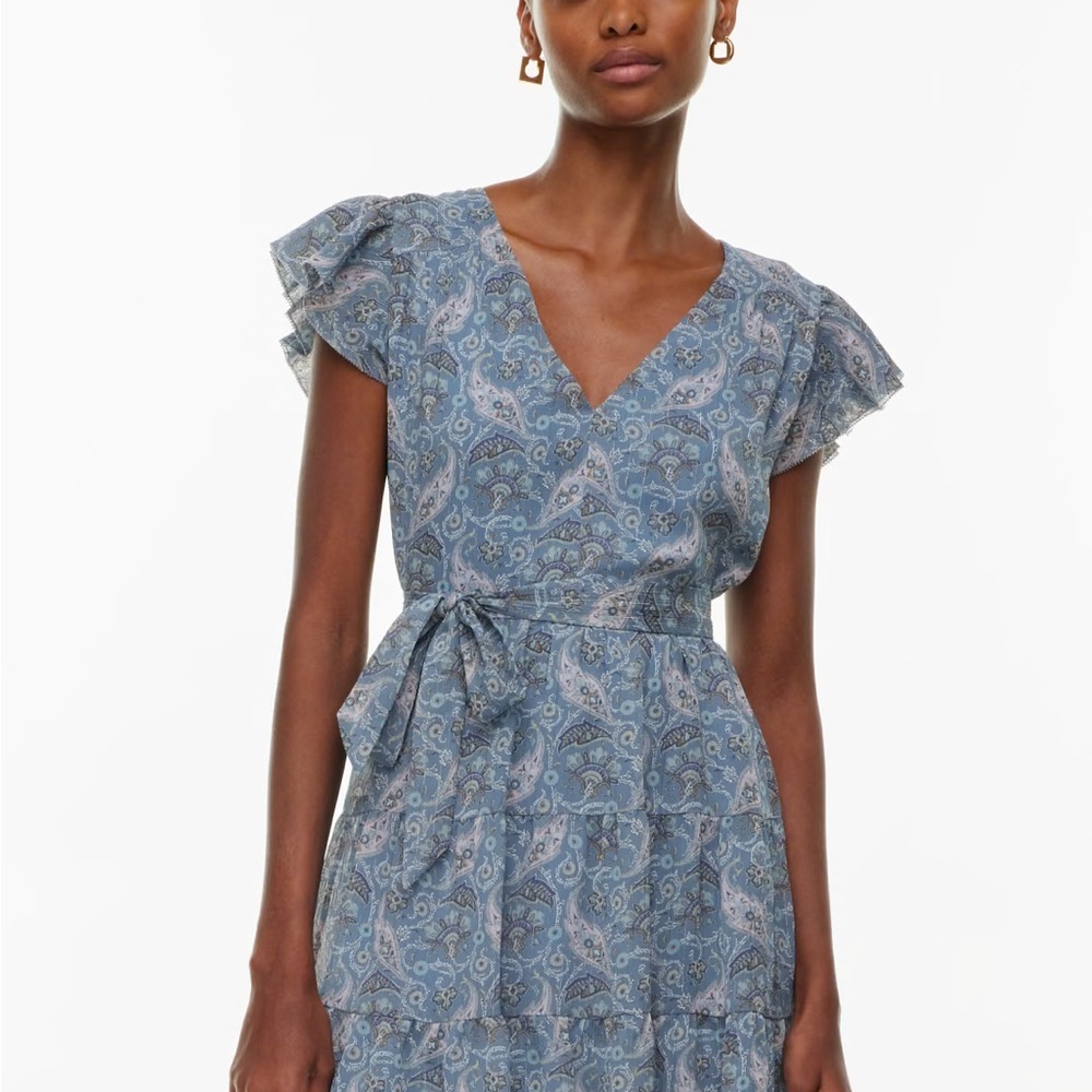 Floral Blue Dress with Ruffle Sleeves